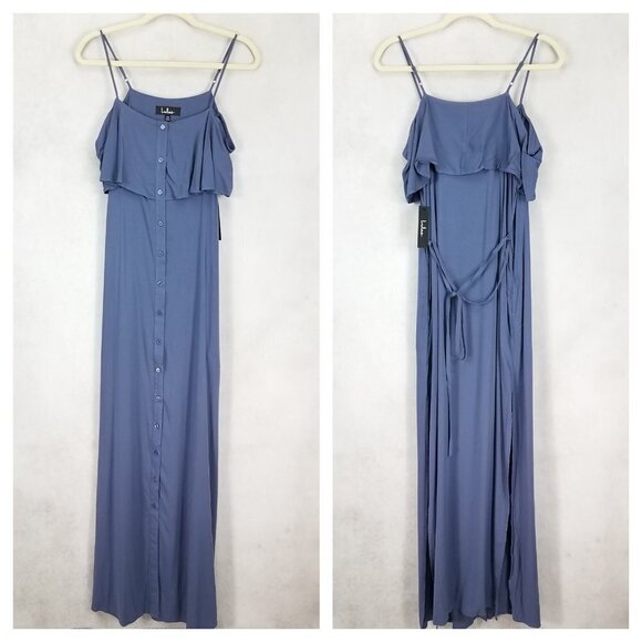NEW Lulu's XS Life's Wonders Denim Blue Off-the-Shoulder Long Maxi Dress NWT - Picture 2 of 9